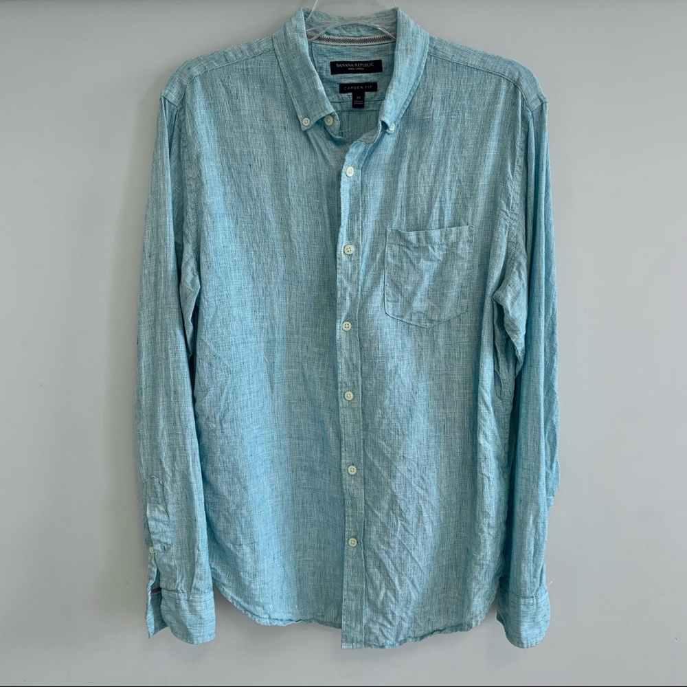Banana Republic 100% Linen Camden Fit Green and Whitr Button Down Shirt
